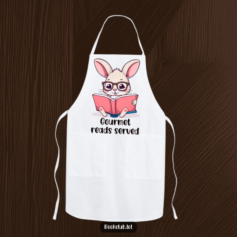 Funny apron with a rabbit wearing reading glasses, engrossed in a book, perfect for kitchen readers, funny gift.