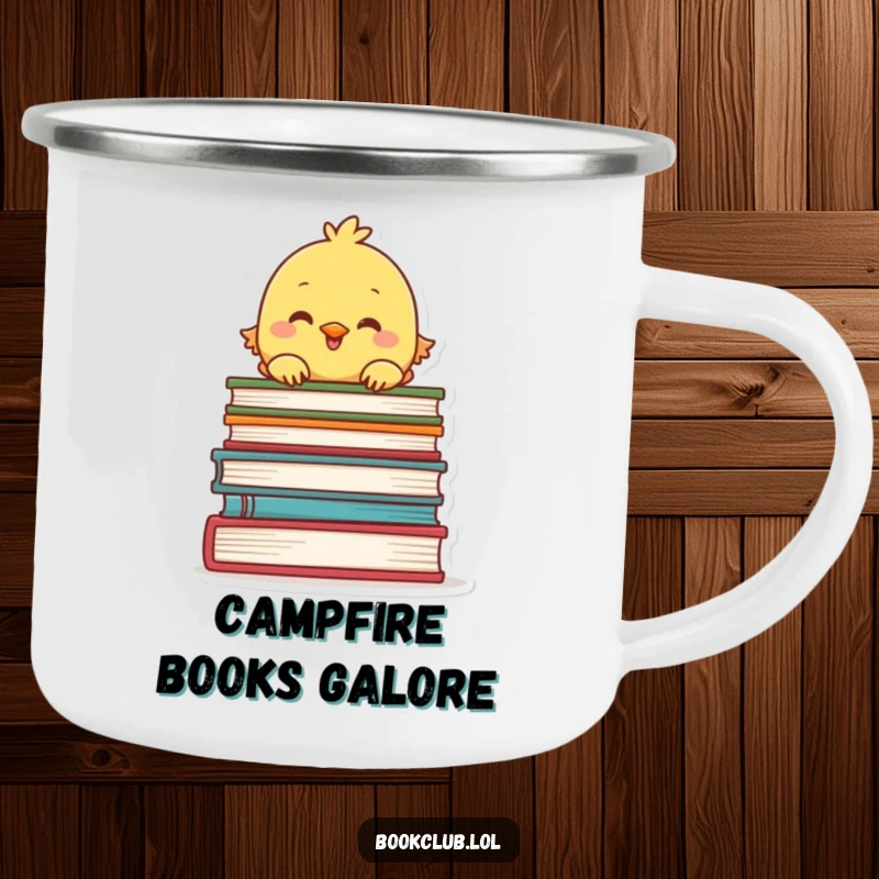 Funny camping mug with a chick peeking over a stack of books, perfect for outdoor reading adventures, funny gift.