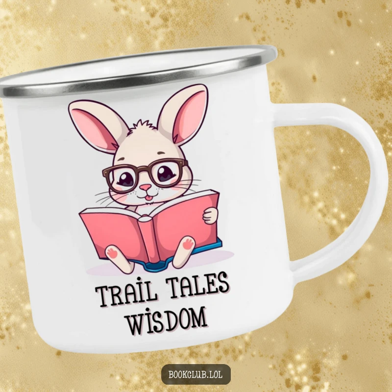Funny camping mug with a rabbit wearing reading glasses, reading a book, perfect for outdoor reading, funny gift.