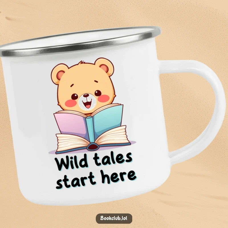 Funny camping mug with a happy bear cub opening a book, ready for adventure, perfect gift for outdoorsy people.