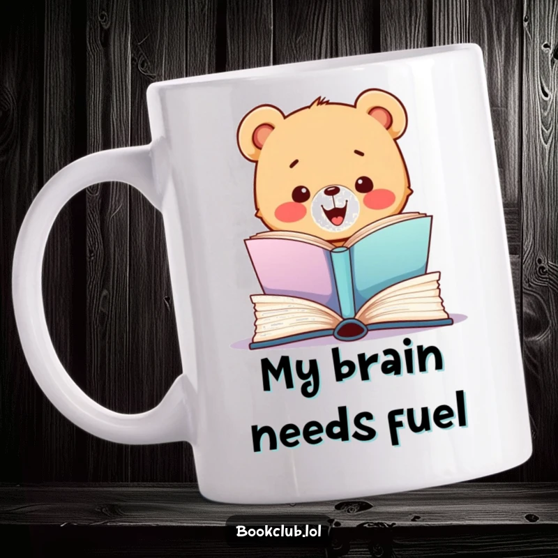 Funny mug with a happy bear cub, eyes wide with excitement, tearing into a colorful book, perfect gift for readers.