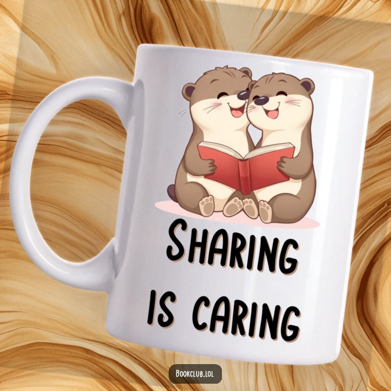 Funny mug with two happy otter cubs smiling while sharing a book, celebrating friendship and reading, perfect gift.