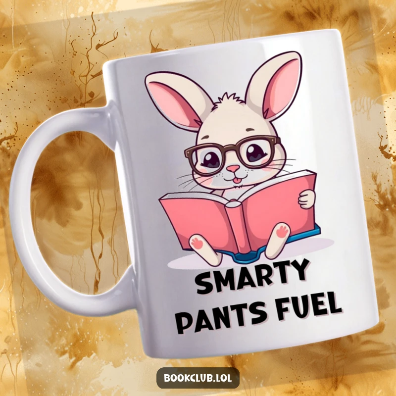 Funny mug featuring a playful rabbit wearing reading glasses, engrossed in a large storybook, perfect gift for readers.