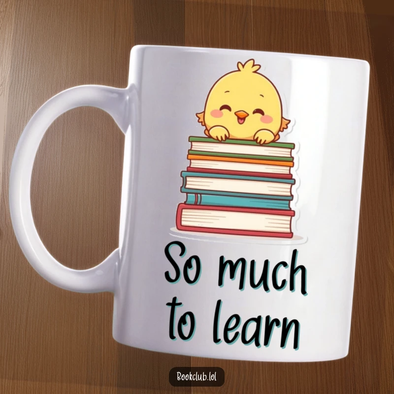Funny mug with a cheerful chick peeking over a tall stack of books, adorable and bookish, perfect gift.
