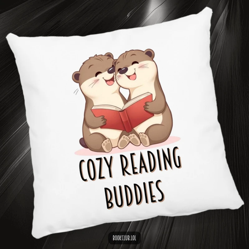 Funny pillow with beaming otter cubs sharing a book, symbolizing cozy friendship and reading, lovely funny gift.