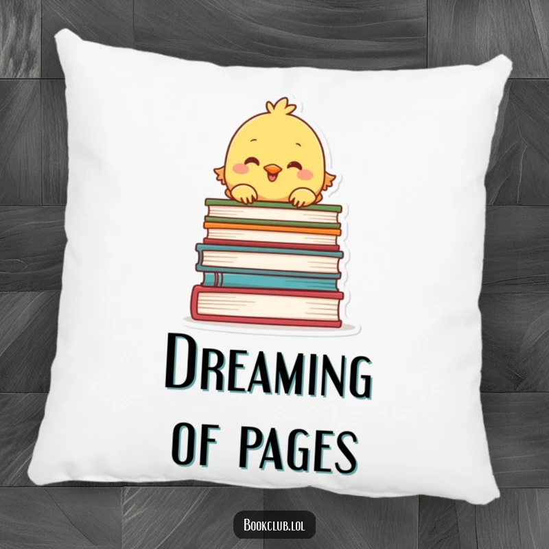Funny pillow with a chick peeking over a stack of books, cozy and adorable, perfect reading companion, funny gift.