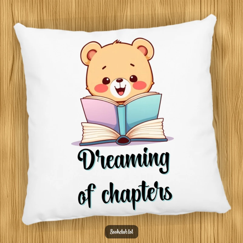 Funny pillow showcasing a happy bear cub, eyes gleaming, opening a large book, perfect reading accessory and funny gift.