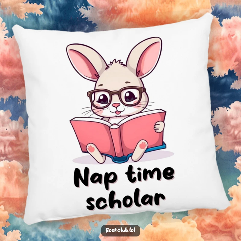 Funny pillow with a rabbit wearing reading glasses, engrossed in a storybook, perfect reading companion, funny gift.