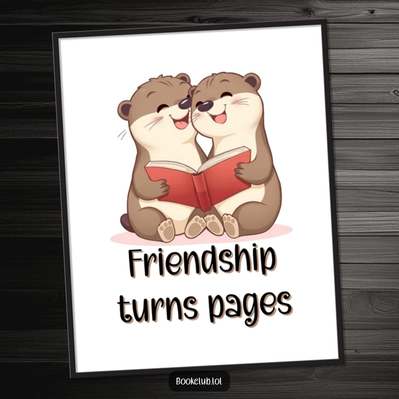 Funny digital art print of smiling otter cubs sharing a book, celebrating friendship, instant download, perfect funny gift.