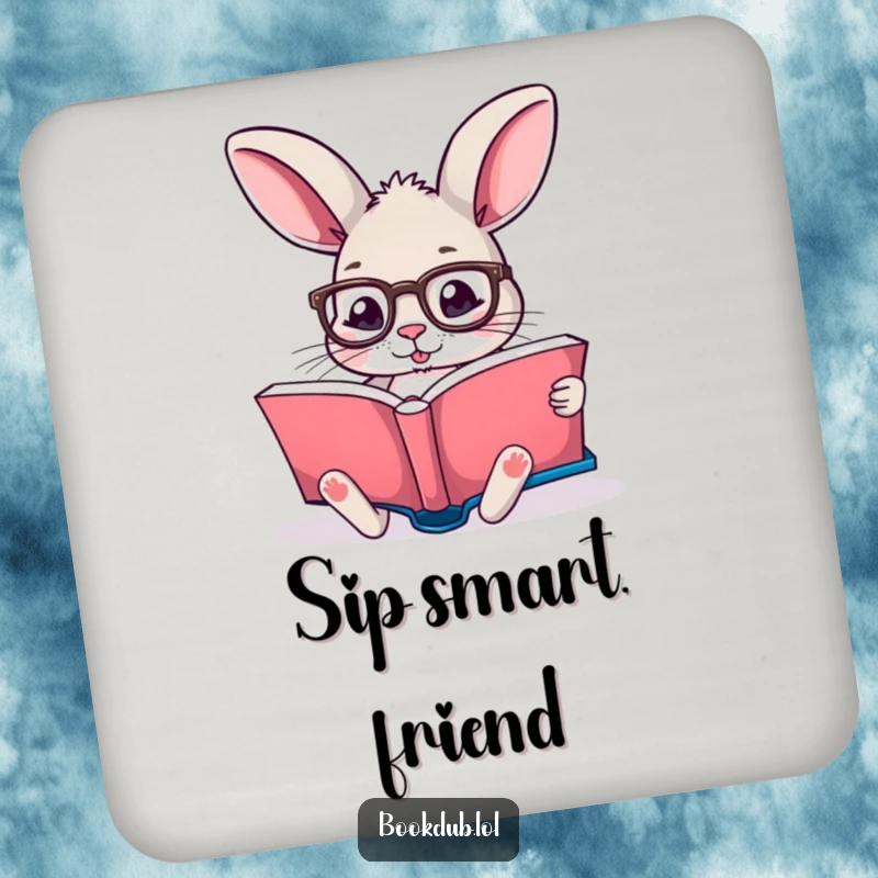 Funny drink coaster with a rabbit wearing reading glasses, engrossed in a book, perfect for book lovers, funny gift.
