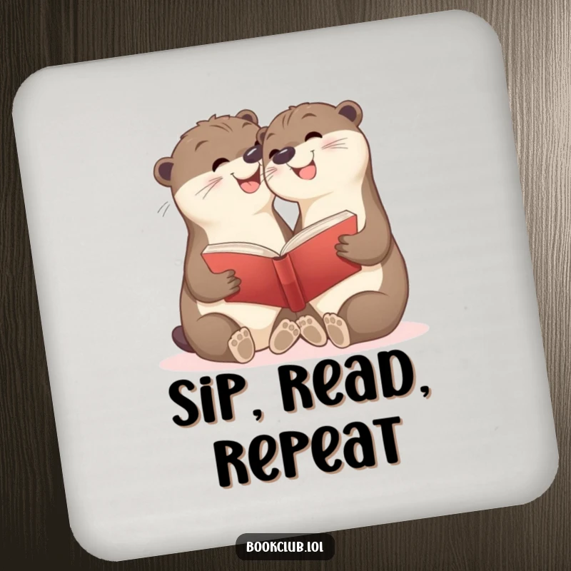 Funny drink coaster with happy otter cubs sharing a book, celebrating friendship and reading, perfect funny gift.