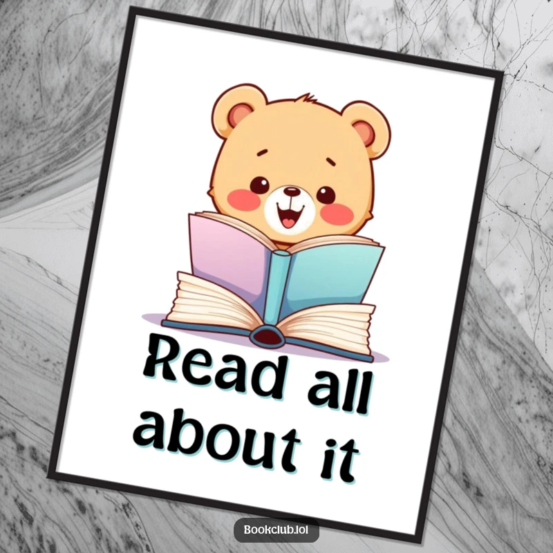 Funny poster art of a joyful bear cub opening a large, colorful book with sheer delight, perfect wall art and funny gift.