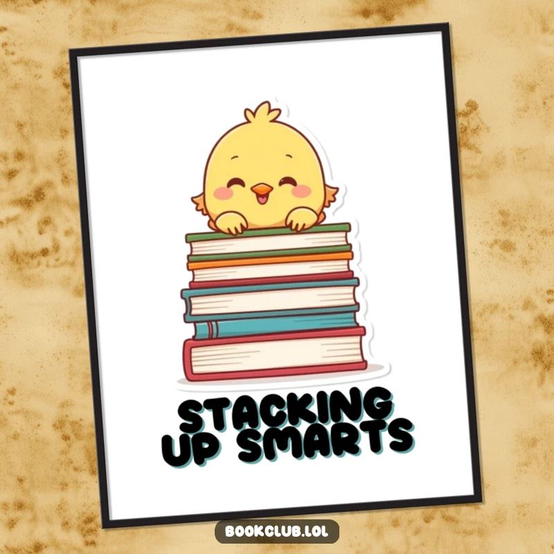 Funny poster art of a cheerful chick peeking over a stack of books, whimsical and literary, perfect funny gift.