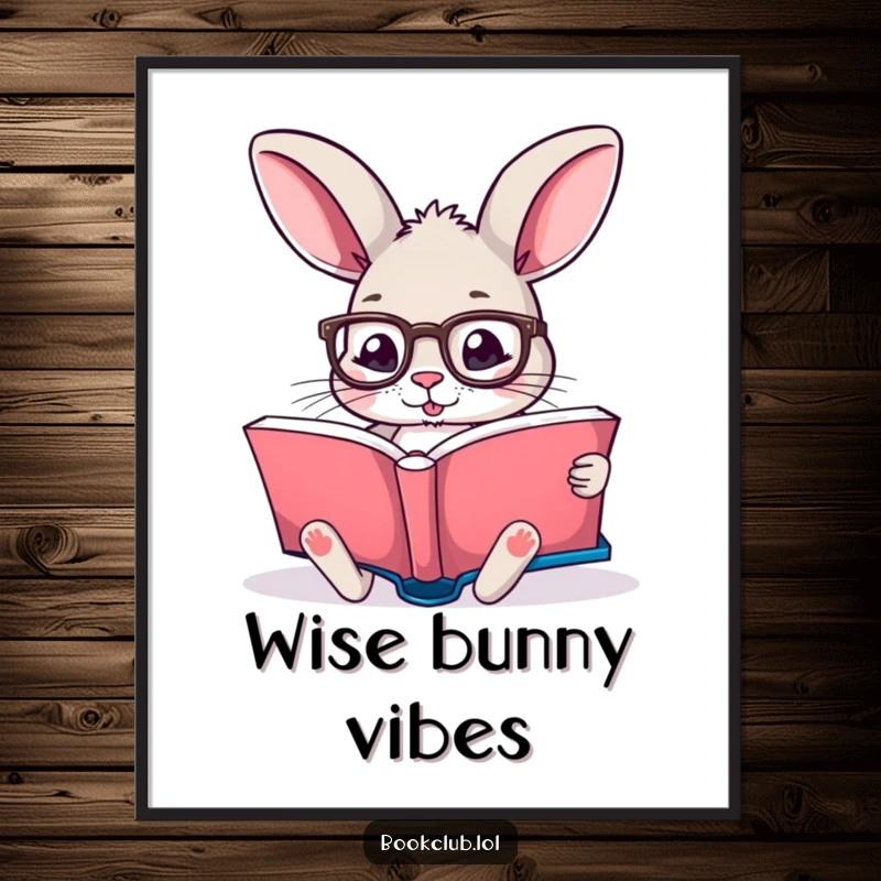 Funny poster art of a rabbit wearing reading glasses, engrossed in a storybook, perfect intellectual wall decor, funny gift.