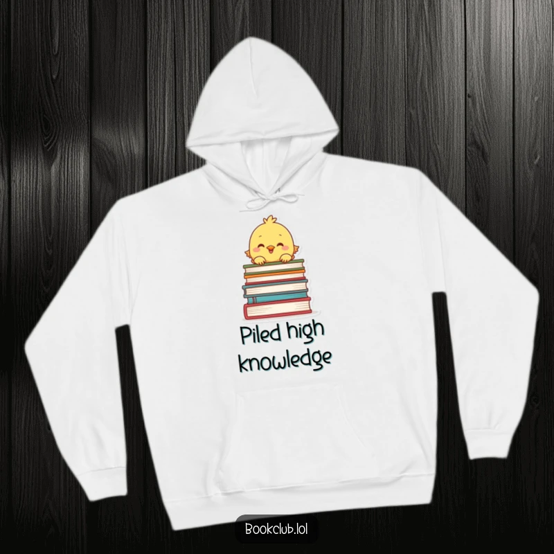 Funny hoodie with a chick peeking over a stack of books, cozy reading vibes, perfect funny gift.