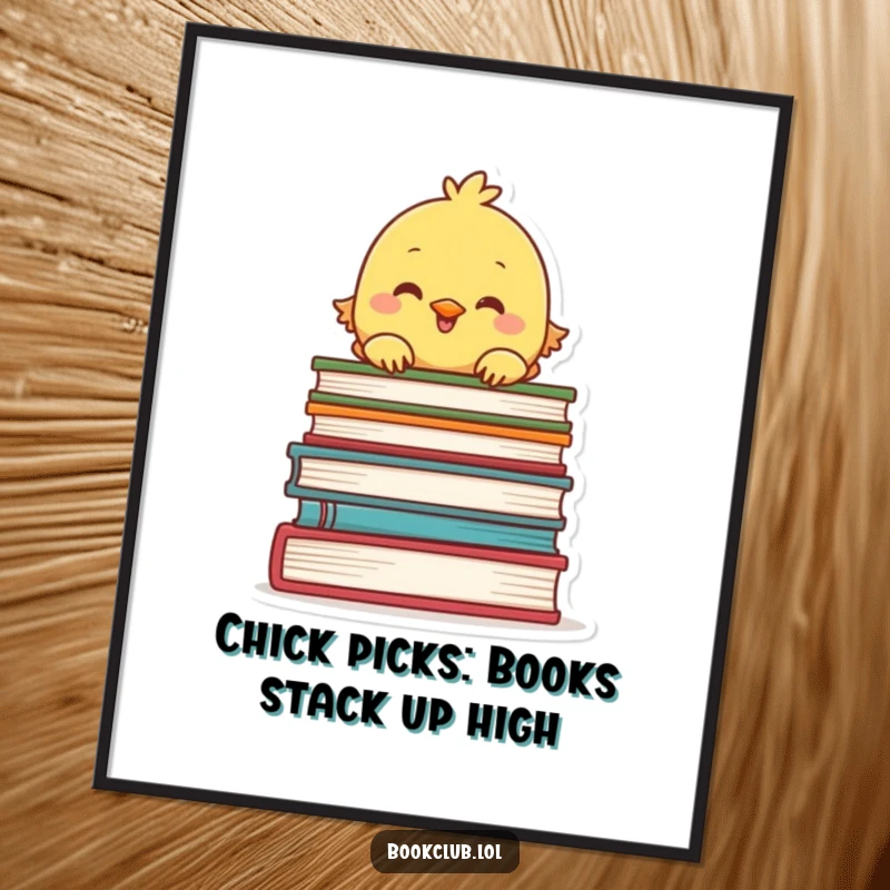 Funny Free Printable Wall Art showing a cheerful chick curiously peeking over a towering stack of colorful books.
