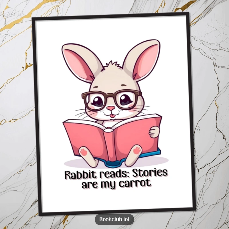 Funny Free Printable Wall Art depicting a studious rabbit wearing reading glasses, lost in a captivating storybook.