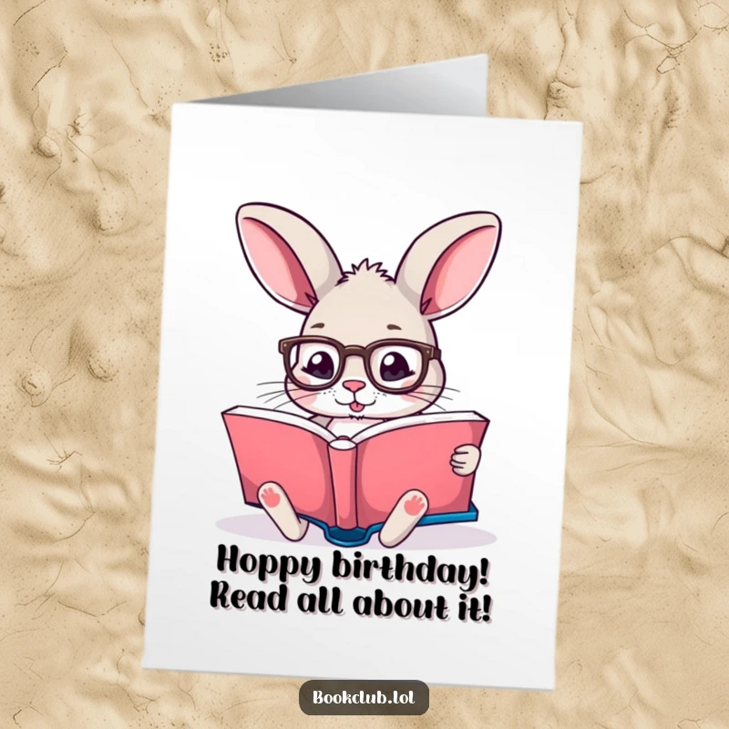 Funny Free Printable Birthday Card featuring a rabbit in glasses deeply absorbed in a huge storybook, celebrating knowledge.