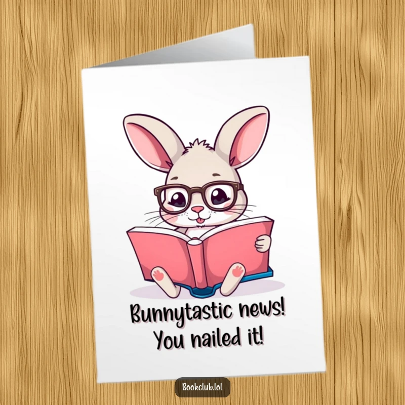 Funny Free Printable Congratulations Card showing a rabbit wearing glasses, engrossed in a book, celebrating a smart success.
