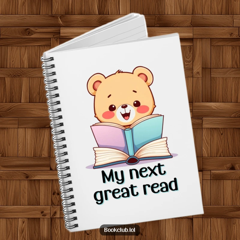 Funny notebook featuring a bear cub excitedly opening a big book, inspiring creativity, perfect for notes and as a funny gift.