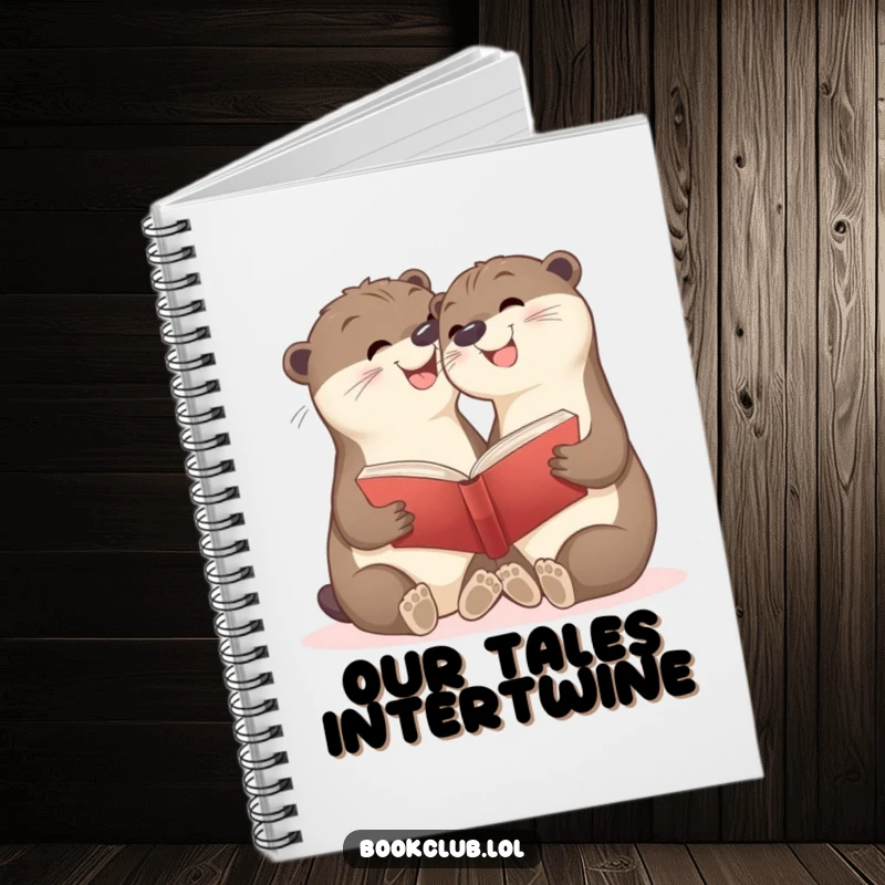 Funny notebook with cheerful otter cubs sharing a book, inspiring shared ideas, perfect for notes and as a funny gift.