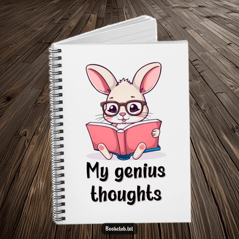 Funny notebook with a rabbit wearing reading glasses, engrossed in a storybook, inspiring intellect, perfect funny gift.