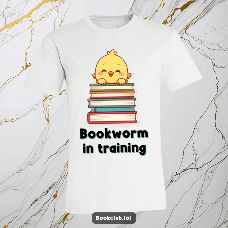 Funny t-shirt with a cheerful chick peeking over a stack of books, cute reader representation, perfect funny gift.
