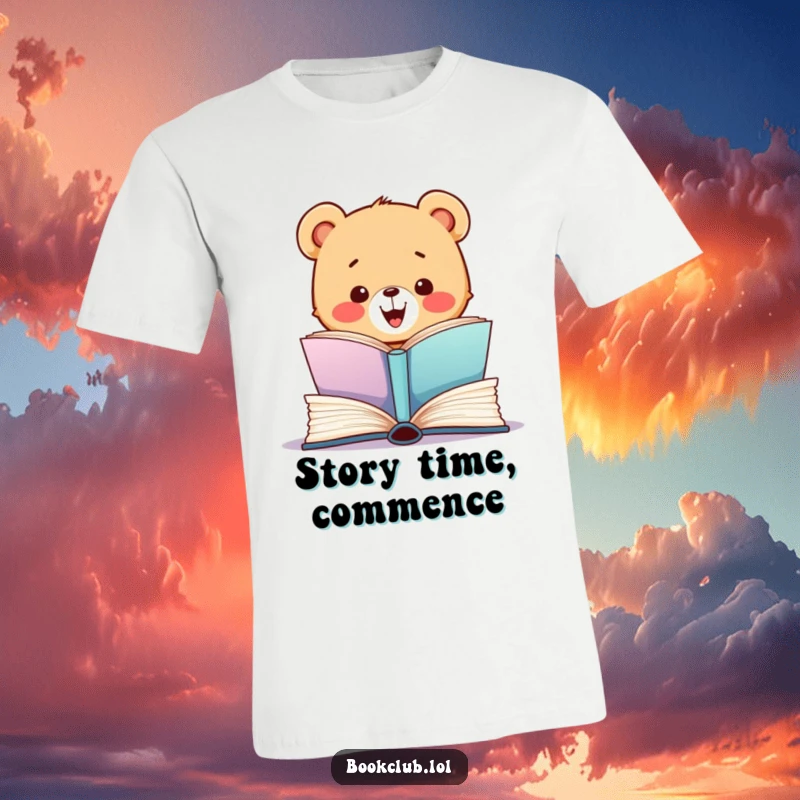 Funny t-shirt of an excited bear cub eagerly opening a large, colorful book, spreading reading joy, great funny gift.