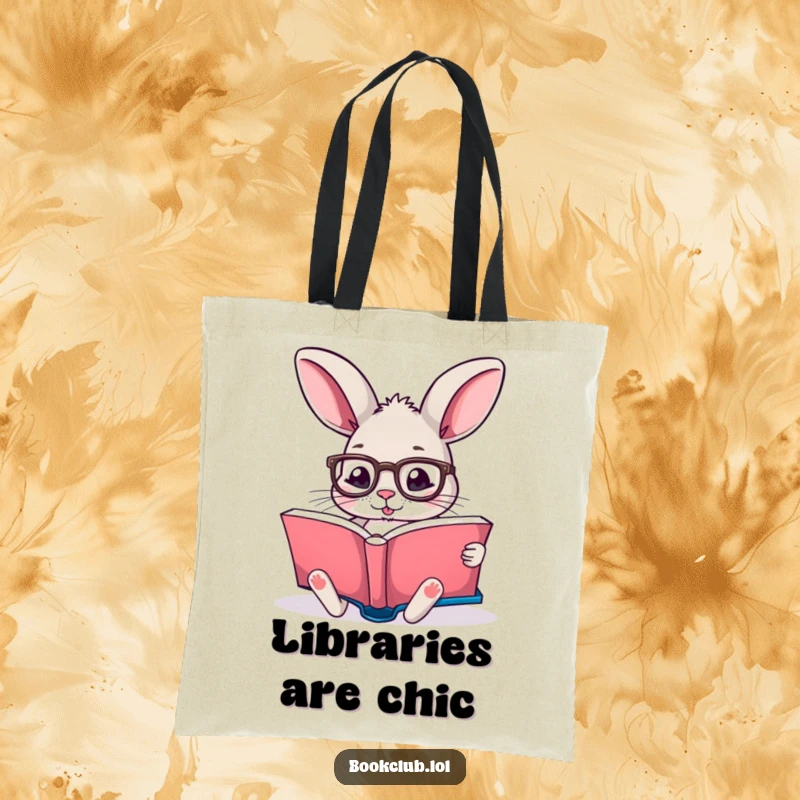 Funny tote bag with a rabbit wearing reading glasses, deeply absorbed in a book, ideal for book transport, funny gift.
