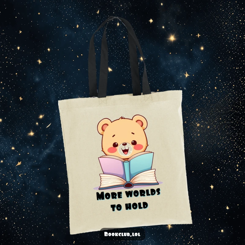 Funny tote bag illustrating a happy bear cub opening a large book, ideal for carrying books and as a funny gift.